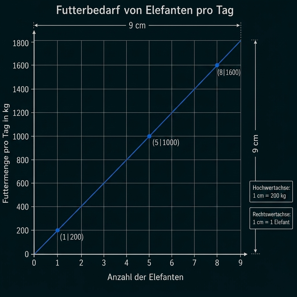 Diagramm zum Futterbedarf von Elefanten pro Tag mit linearem Verlauf.